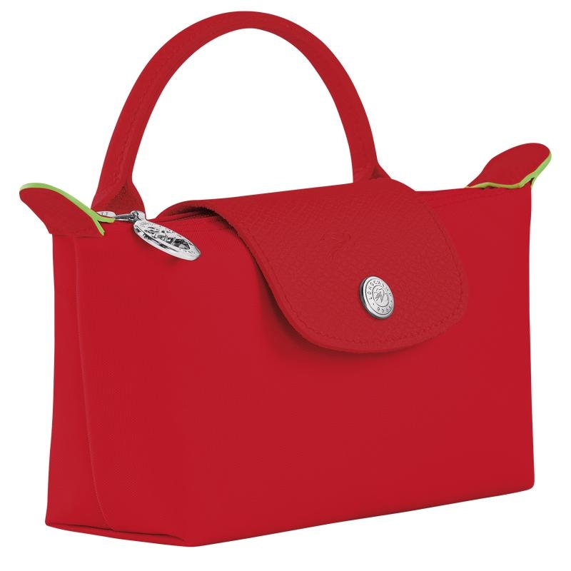 Tomato Red Longchamp Le Pliage Green with handle Women's Pouches | CSMV-39028